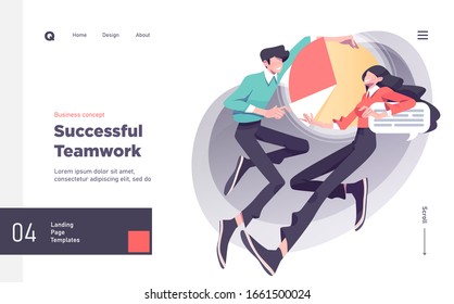 Teamwork Presentation slide template or landing page website design. Business concept illustrations. Modern style.