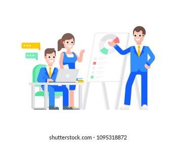 Teamwork and presentation. Three businessmen work in the office and show the presentation with speech icons. Vector illustration