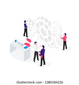 Teamwork process. Businessman in the office. Isometric vector illustration