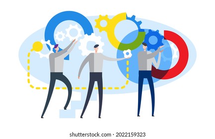Teamwork process concept. Characters moving huge gear mechanism. Cartoon flat vector illustration concept.