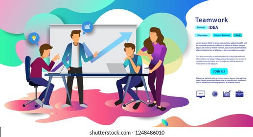 Teamwork in process of creating something, discussing idea with team, working with laptop in business meeting, negotiation, brainstorming, discussion. Colorful vector illustration in flat cartoon.