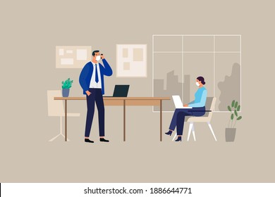 Teamwork Process during Covid19 Quarantine. Cartoon.Vector Illustration.