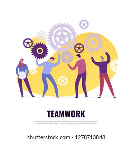 Teamwork process flat concept with people and gear wheels on white background vector illustration