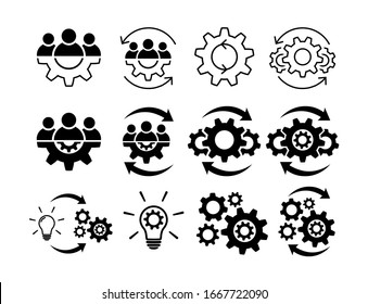 Teamwork Process Icon Set. Team And Gear Symbols Isolated On White. Leadership And Creative Signs In Flat Line And Fill Icons Group Of People Symbol Teamwork Abstract Icon In Black Vector Illustration