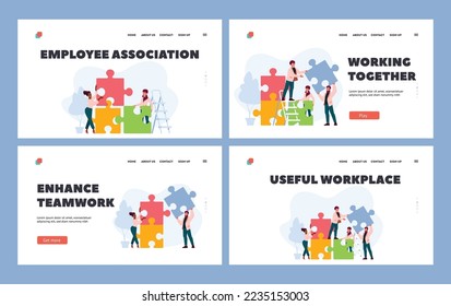 Teamwork Process Landing Page Template Set. Office People Work Together Connect Huge Colorful Separated Puzzle Pieces. Businesspeople Coworking, Teamwork, Partnership. Cartoon Vector Illustration