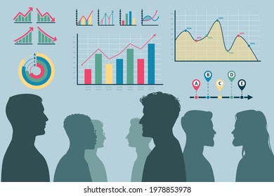 Teamwork process. Male heads silhouettes and infographics. Effective team workflow organization. Display of labor productivity growth in charts. Vector office employees work together