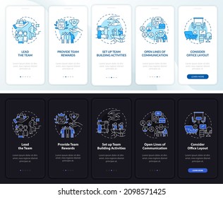 Teamwork process night and day mode onboarding mobile app screen. Tips walkthrough 5 steps graphic instructions pages with linear concepts. UI, UX, GUI template. Myriad Pro-Bold, Regular fonts used