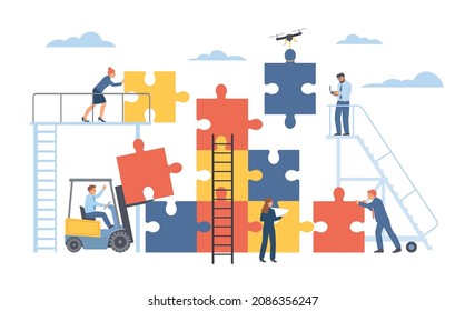 Teamwork process. Office people assemble big puzzle together, effective interaction productivity, coordinated employees work, working collaboration, vector cartoon