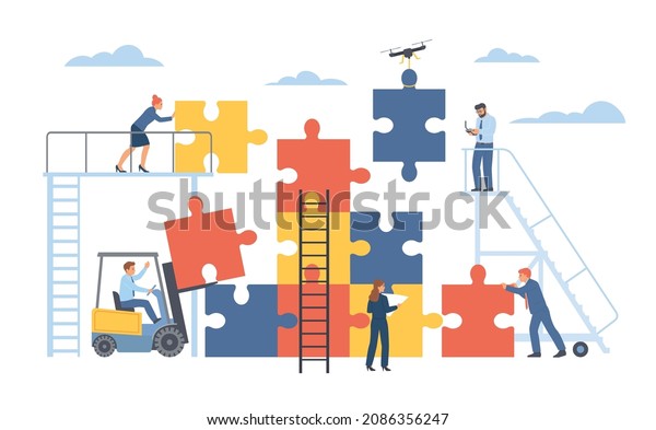 Teamwork process. Office\
people assemble big puzzle together, effective interaction\
productivity, coordinated employees work, working collaboration,\
vector cartoon
