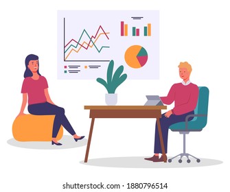 Teamwork process, office workers sitting at armchair and soft chair, working at project, plan, colleagues, man looking at screen of digital tablet, discussing, presentation with charts, graphics