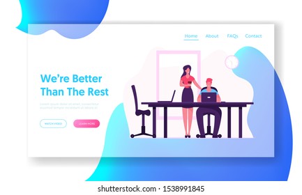Teamwork Process Website Landing Page. Businesswoman with Coffee Stand near Man Sitting at Desk Working on Laptop in Office. Colleagues Communicate Web Page Banner. Cartoon Flat Vector Illustration