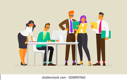 Teamwork. Process of work of business people. Vector illustration in a flat style