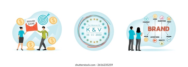 Teamwork in product success. Elegant modern brand name design with floral motif. Brand name concept. Set flat vector illustration
