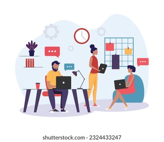 Teamwork, productive cooperation. Colored vector characters work in open space. Comfortable working conditions for all employees. Devices for personal tasks