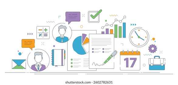 Teamwork and productivity in business in vector illustration, with icons of tasks, communication, and charts.Thin line icons design in vector.