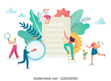 Trabajo en equipo, productividad, comunicación y concepto de creatividad. Personajes de negocio trabajando juntos en la gestión del tiempo. Ilustración del vector