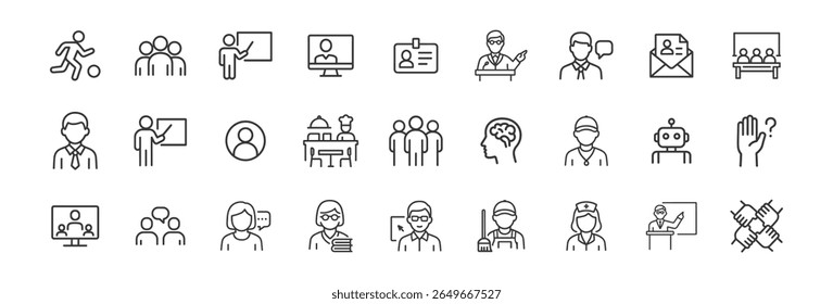 Teamwork, professions, and education line icons set. Vector
