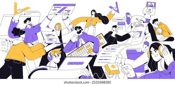 Trabajo en equipo en el esquema de programación. El equipo de desarrollo de software escribe código para el App de Web. Los programadores trabajan juntos. Ingenieros codificando en portátiles. Ilustración vectorial aislada plana sobre fondo blanco