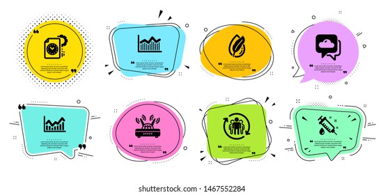 Teamwork, Project deadline and Wifi line icons set. Chat bubbles with quotes. Infochart, Hypoallergenic tested and Weather forecast signs. Medical syringe, Money diagram symbols. Vector