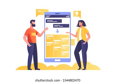 Teamwork project discussion with touchscreen phone vector illustration. Man and woman discussing work with wireless device in flat style design. Employees characters communication with tablet