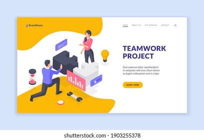Teamwork project landing page banner template. Man and woman putting puzzle pieces together while representing business team working on creative project. Isometric vector illustration