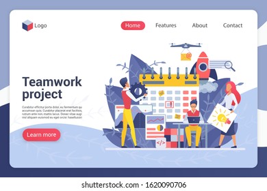 Teamwork project landing page vector template. Company department harmonious work, duties distribution, co-workers faceless characters. Partnership, cooperation web banner homepage design layout