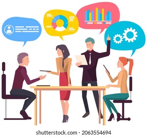 Trabajo en equipo con la reunión de planificación de estrategias de proyectos. Análisis estadístico, informe de datos de debate. Colegas discutiendo datos empresariales, informe estadístico. Planificación y análisis exitosos de proyectos