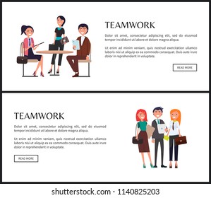Teamwork promo poster with young employees set. Men and women in formal clothes hold briefcases or tablets online web pages vector illustrations.