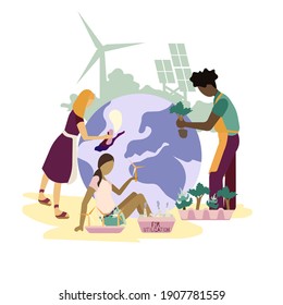 Teamwork for protection of the Environment on white isolated background, vector people together cleaning and planting the Globe for prints, booklets, postcards, elements of design for websites.