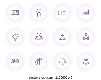 teamwork purple color outline vector icons on light round buttons with purple shadow. teamwork icon set for web, mobile apps, ui design and print