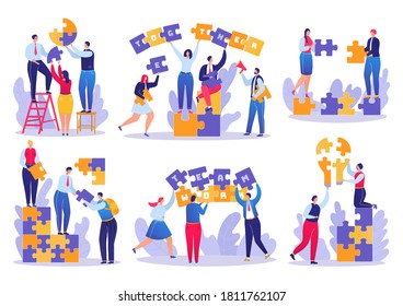 Teamwork puzzle in business set of vector illustrations. Businesspeople joining puzzle pieces. Successful strategy in team. Cooperation and corporate solutions, creative partnership.