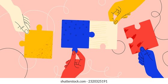 Teamwork with puzzle colorful concept. Partners and colleagues working on common project. Collaboration and cooperation. Business project and start up. Cartoon flat vector illustration