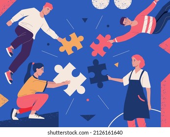 Teamwork Puzzle Concept. People Arranging Abstract Figures. Communication Metaphor. Men And Women Matching Maze Pieces. Persons Brainstorming Together. Solving Jigsaw. Vector Illustration