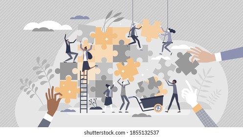 Teamwork puzzle as effective team collaboration process tiny person concept. Active, busy and dynamic assistance help and control scene with group and individual duties and tasks vector illustration.