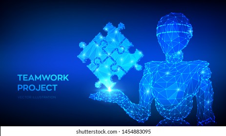 Teamwork. Puzzle elements. Team metaphor. Symbol of teamwork, cooperation, partnership. Abstract 3d low polygonal robot holding puzzle pieces. Business concept of of connecting. Vector Illustration.