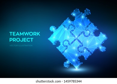 Teamwork. Puzzle elements. Team metaphor. Symbol of teamwork, cooperation, partnership, association and connection. Low polygonal puzzle pieces. Business concept of of connecting. Vector Illustration.