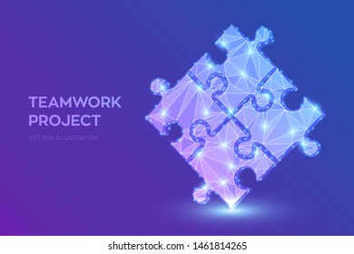 Teamwork. Puzzle elements. Team metaphor. Symbol of teamwork, cooperation, partnership, association and connection. Low polygonal puzzle pieces. Business concept of of connecting. Vector Illustration.