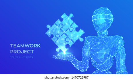 Teamwork. Puzzle elements. Team metaphor. Symbol of teamwork, cooperation and partnership. Abstract 3d low polygonal robot holding puzzle pieces. Business concept of connecting. Vector Illustration.