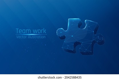 Trabajo en equipo. Elementos del rompecabezas. Metáfora del equipo. Símbolo de trabajo en equipo, cooperación, asociación, asociación y conexión. Piezas de puzzle poligonal bajas. Concepto de negocio de conexión. wireframe. plexo