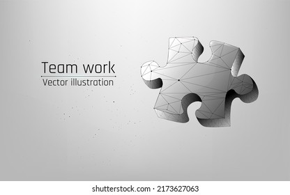 Teamwork. Puzzle elements. Team metaphor. Symbol of teamwork, cooperation, partnership, association and connection. Low polygonal puzzle pieces. Business concept of of connecting. wireframe. plexus