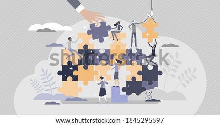Teamwork puzzle as partnership work assistance tiny person concept. Team unity help for project challenges vector illustration. Bonding colleagues assemble solutions together as effective job.