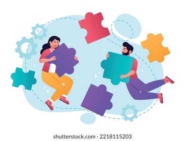 Teamwork with puzzle pieces. Metaphor of collaboration and cooperation. Partners and colleagues, creative personalities at work. Poster or banner for website. Cartoon flat vector illustration