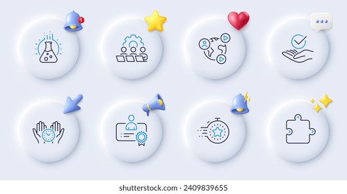 Teamwork, Puzzle and Safe time line icons. Buttons with 3d bell, chat speech, cursor. Pack of Certificate, Chemistry lab, Timer icon. Video conference, Approved pictogram. Vector