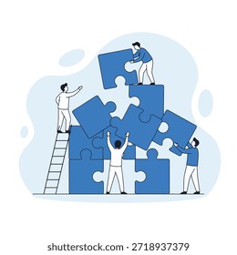 Trabalho em equipe e conceito de resolução de quebra-cabeças com diversas pessoas colaborando juntas