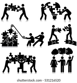 Teamwork Puzzle Solving Icon Set