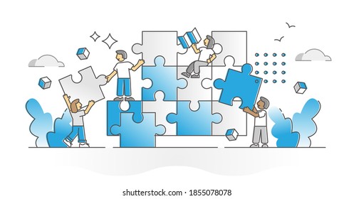 Teamwork puzzle with team assistance, help and support monocolor outline concept. Project tasks and duties partnership as pieces assemble with division of labor for effective work vector illustration.