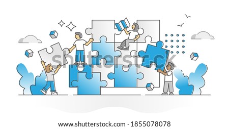 Teamwork puzzle with team assistance, help and support monocolor outline concept. Project tasks and duties partnership as pieces assemble with division of labor for effective work vector illustration.