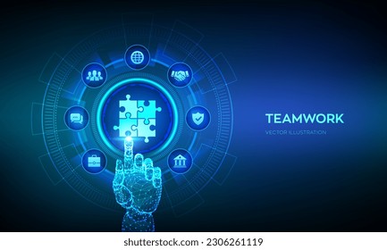 Teamwork. Puzzle Team elements icon. Business Partnership technology concept on virtual screen. Global cooperation communication network. Robotic hand touching digital interface. Vector illustration.