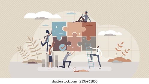 Teamwork puzzle and work collaboration with partnership tiny person concept. Jigsaw pieces match and assemble as business problem solution symbol vector illustration. Together solving work problem.