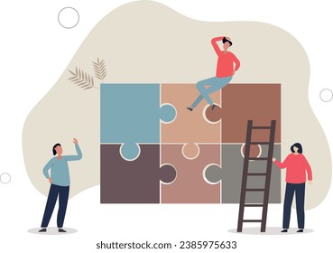 Rompecabezas de trabajo en equipo y colaboración de trabajo con la asociación. Las piezas de Jigsaw se combinan y ensamblan como solución de problemas de negocio.ilustración vectorial plana